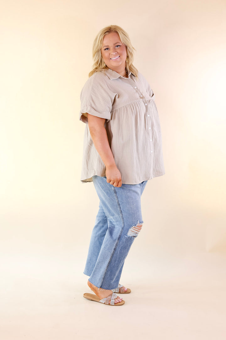 Vacation Vibes Collared Button Up Babydoll Top in Taupe - Giddy Up Glamour Boutique