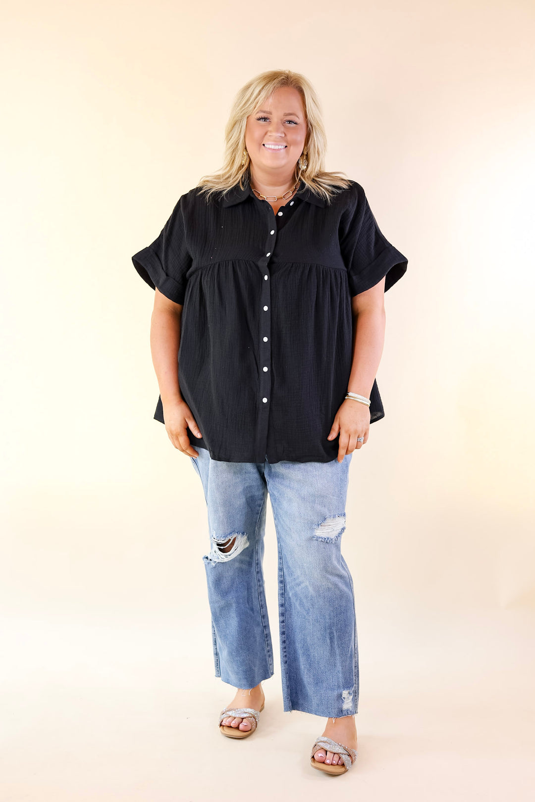 Vacation Vibes Collared Button Up Babydoll Top in Black - Giddy Up Glamour Boutique