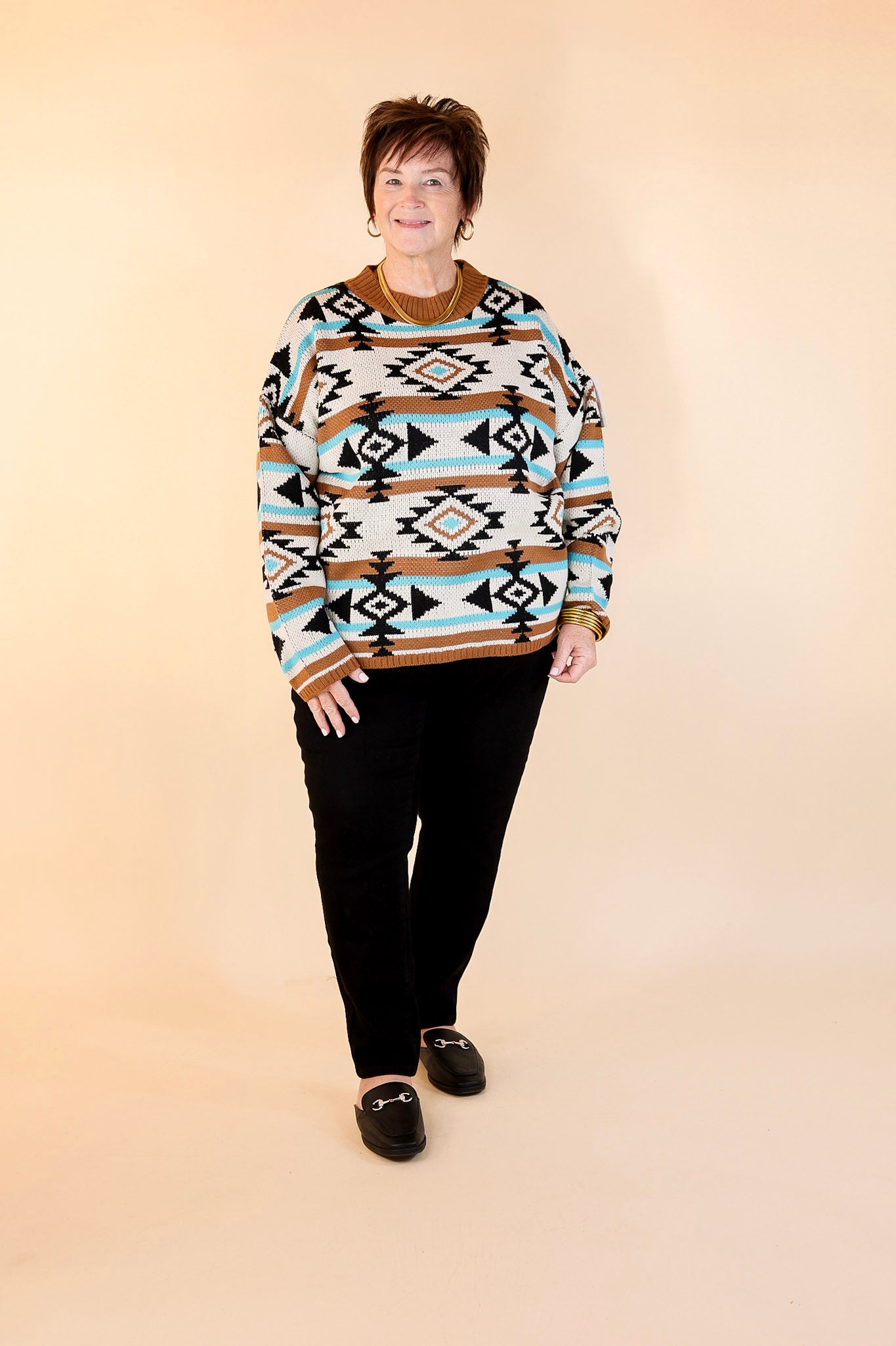 Cheyenne Chill Aztec Print Striped Sweater in Turquoise and Brown