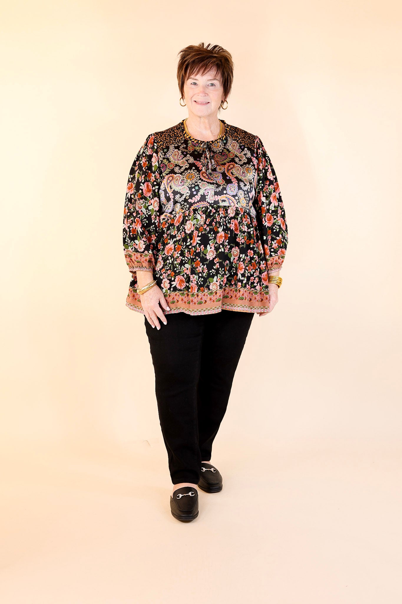 Floral Fusion Long Sleeve Floral Print Top in Black