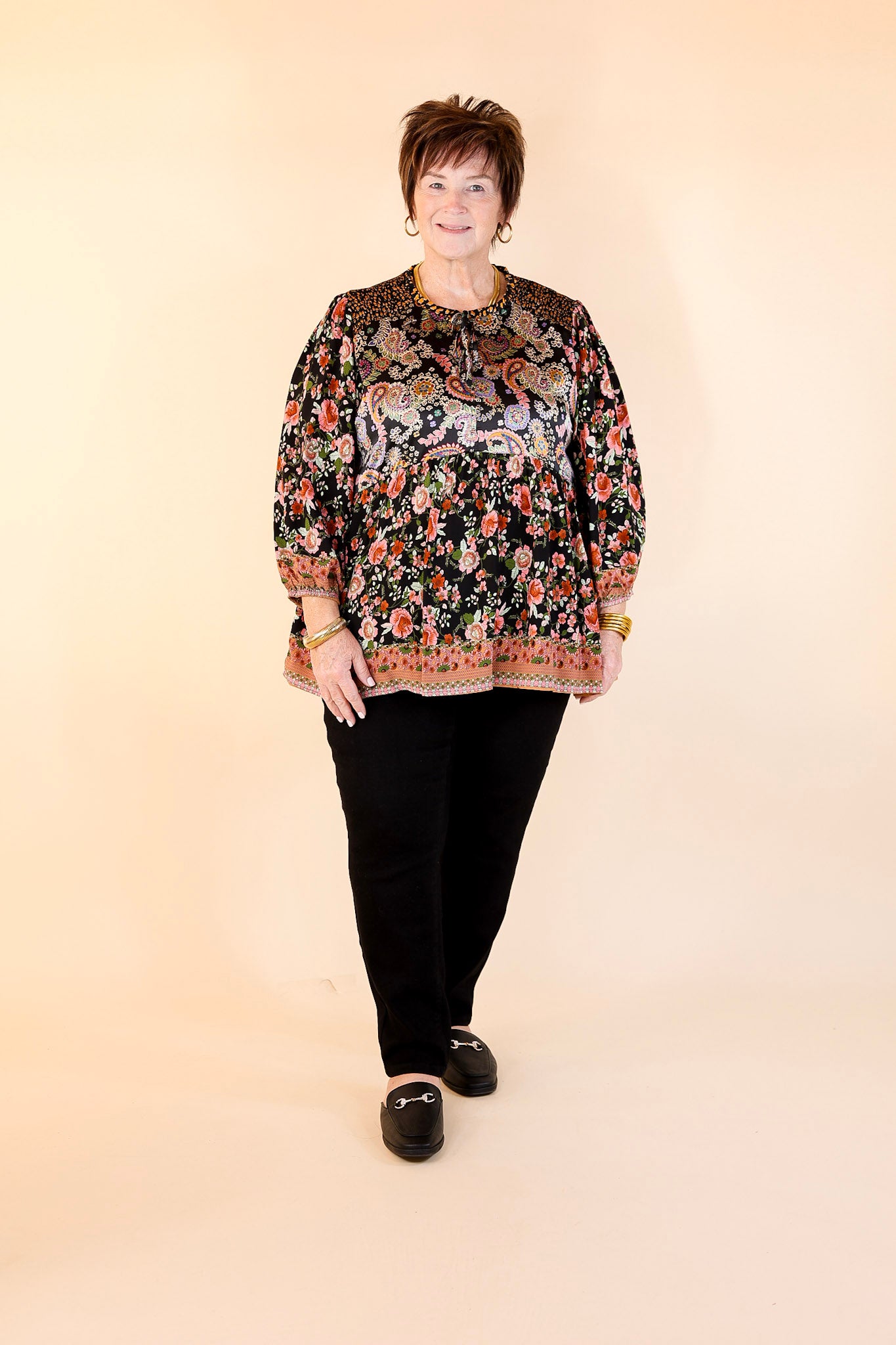 Floral Fusion Long Sleeve Floral Print Top in Black