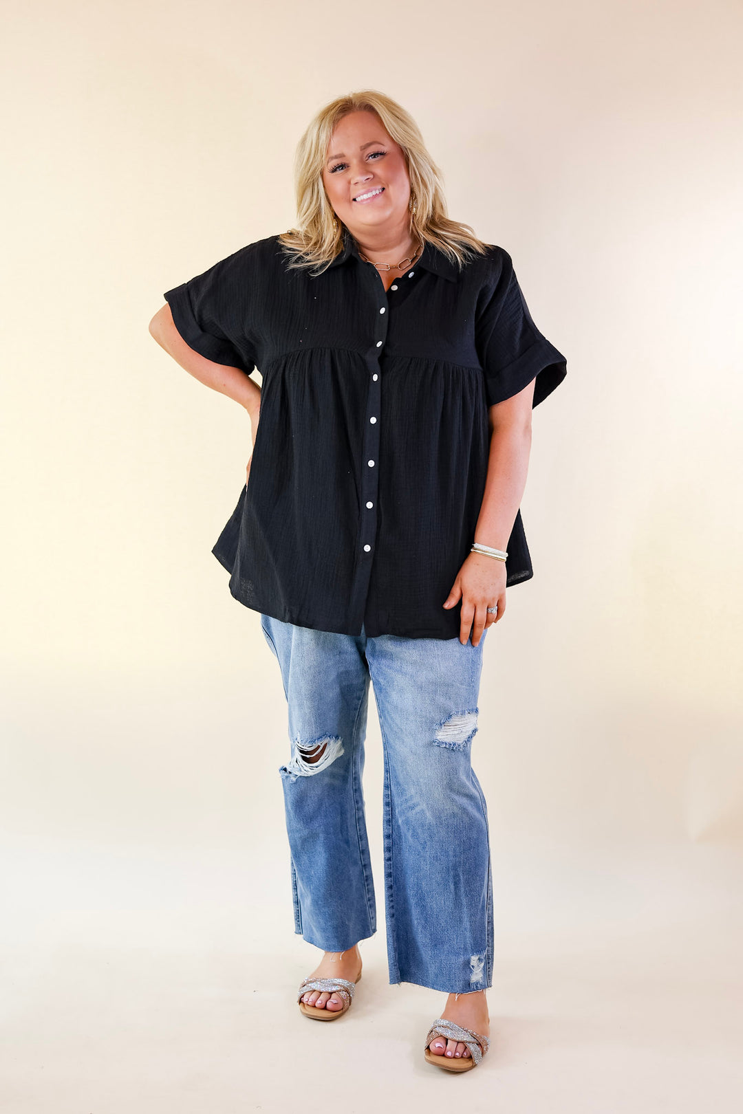 Vacation Vibes Collared Button Up Babydoll Top in Black - Giddy Up Glamour Boutique