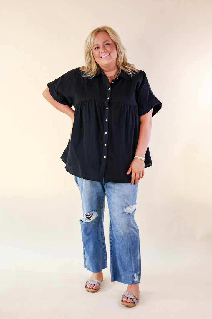 Vacation Vibes Collared Button Up Babydoll Top in Black - Giddy Up Glamour Boutique