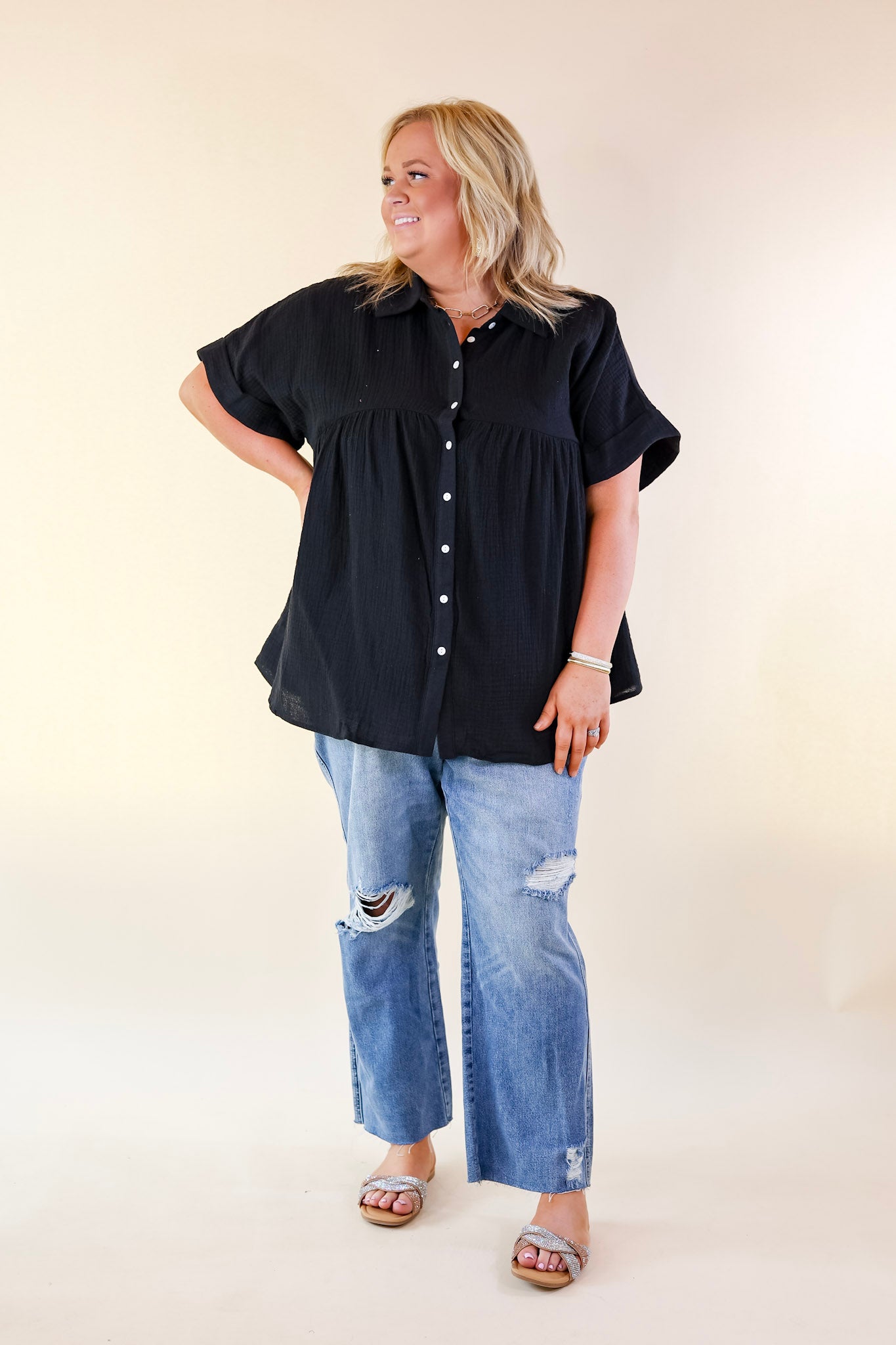 Vacation Vibes Collared Button Up Babydoll Top in Black - Giddy Up Glamour Boutique