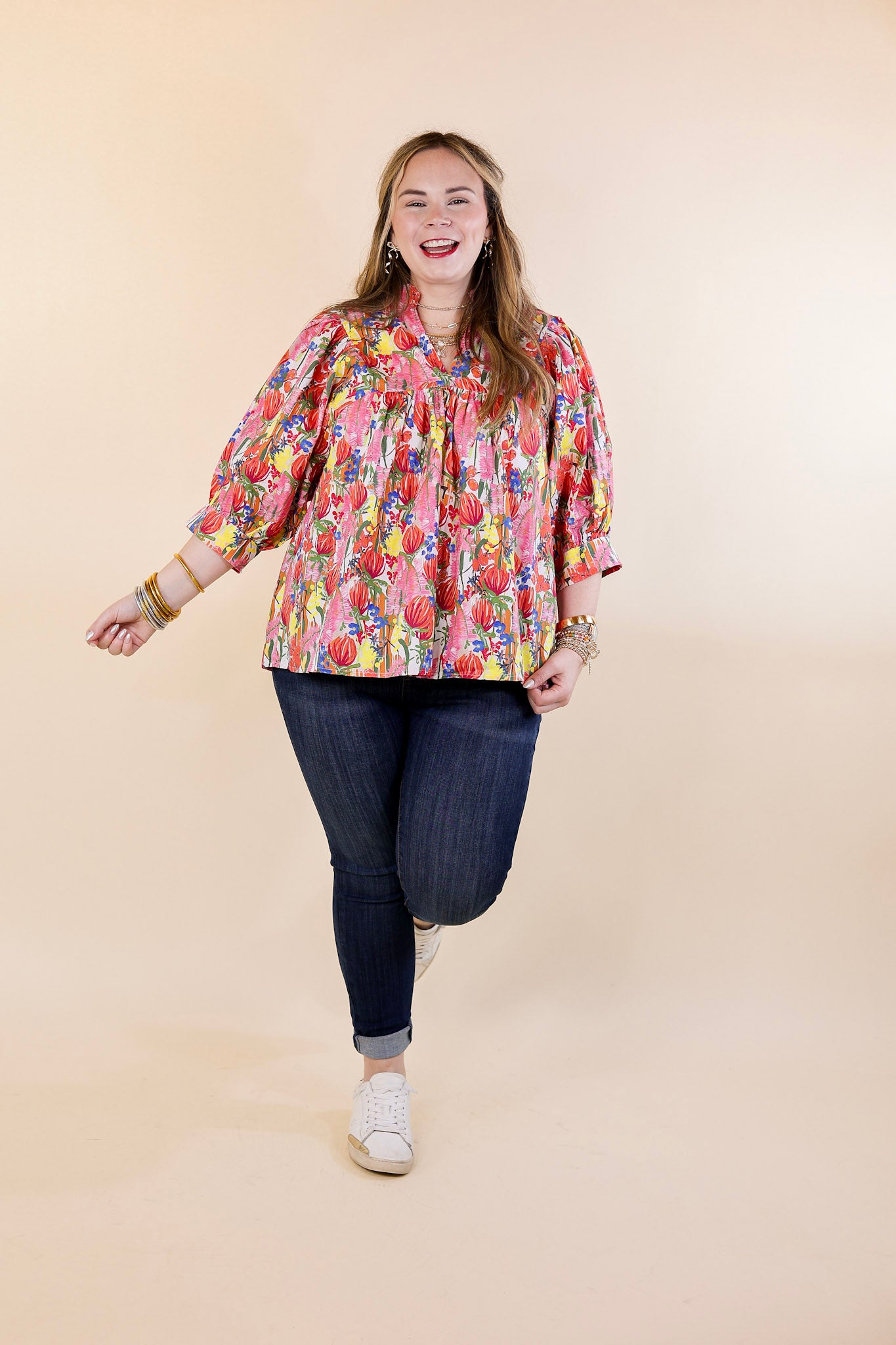 Blissful Bloom Floral Print Top with Puff Sleeves in Pink Mix