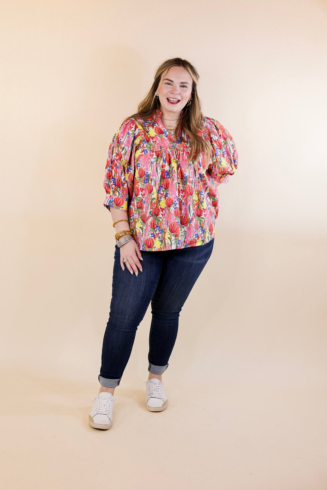 Blissful Bloom Floral Print Top with Puff Sleeves in Pink Mix