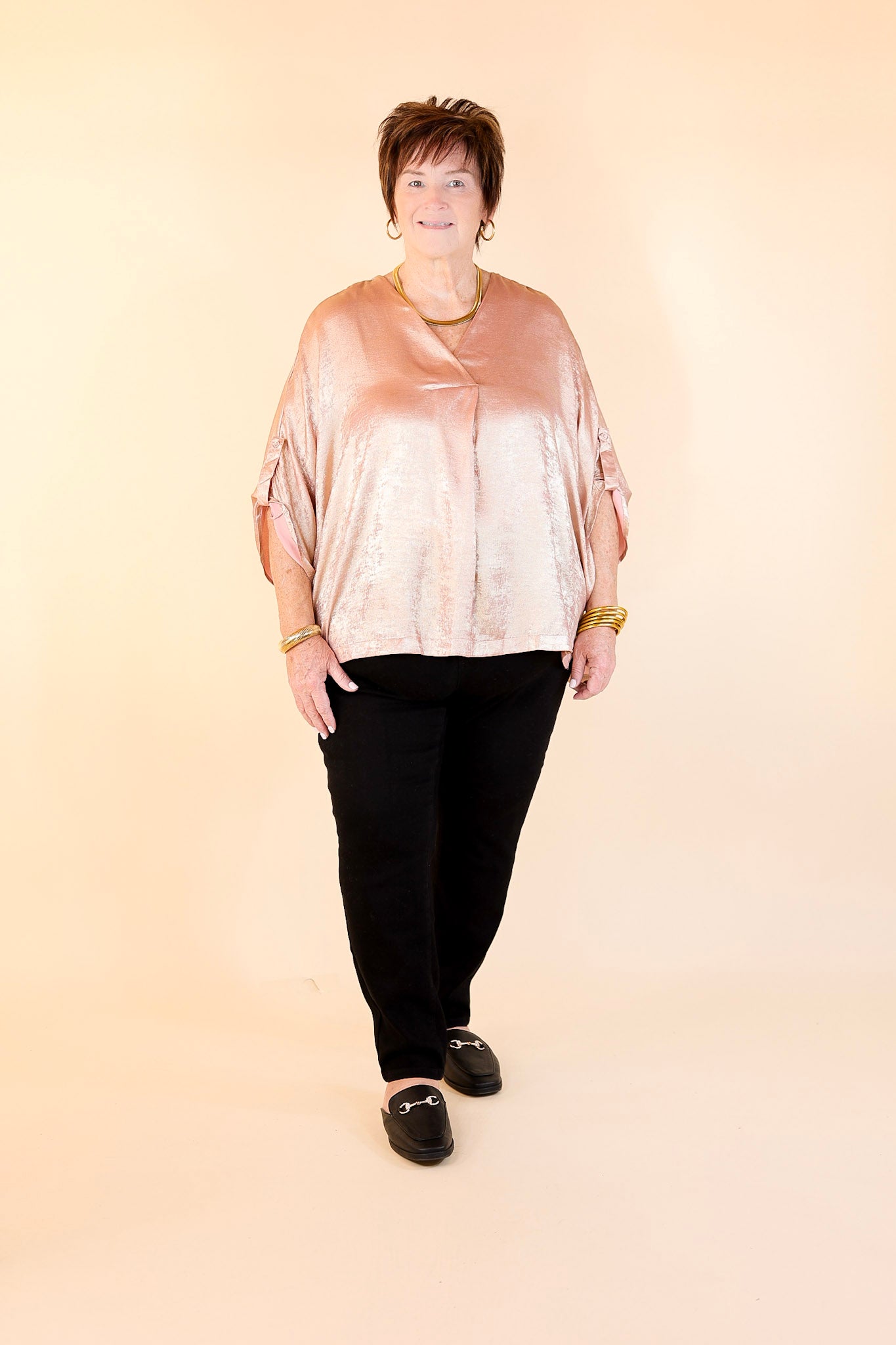 Gleam and Glow Metallic V Neck Top with 3/4 Sleeves in Rose Gold Pink