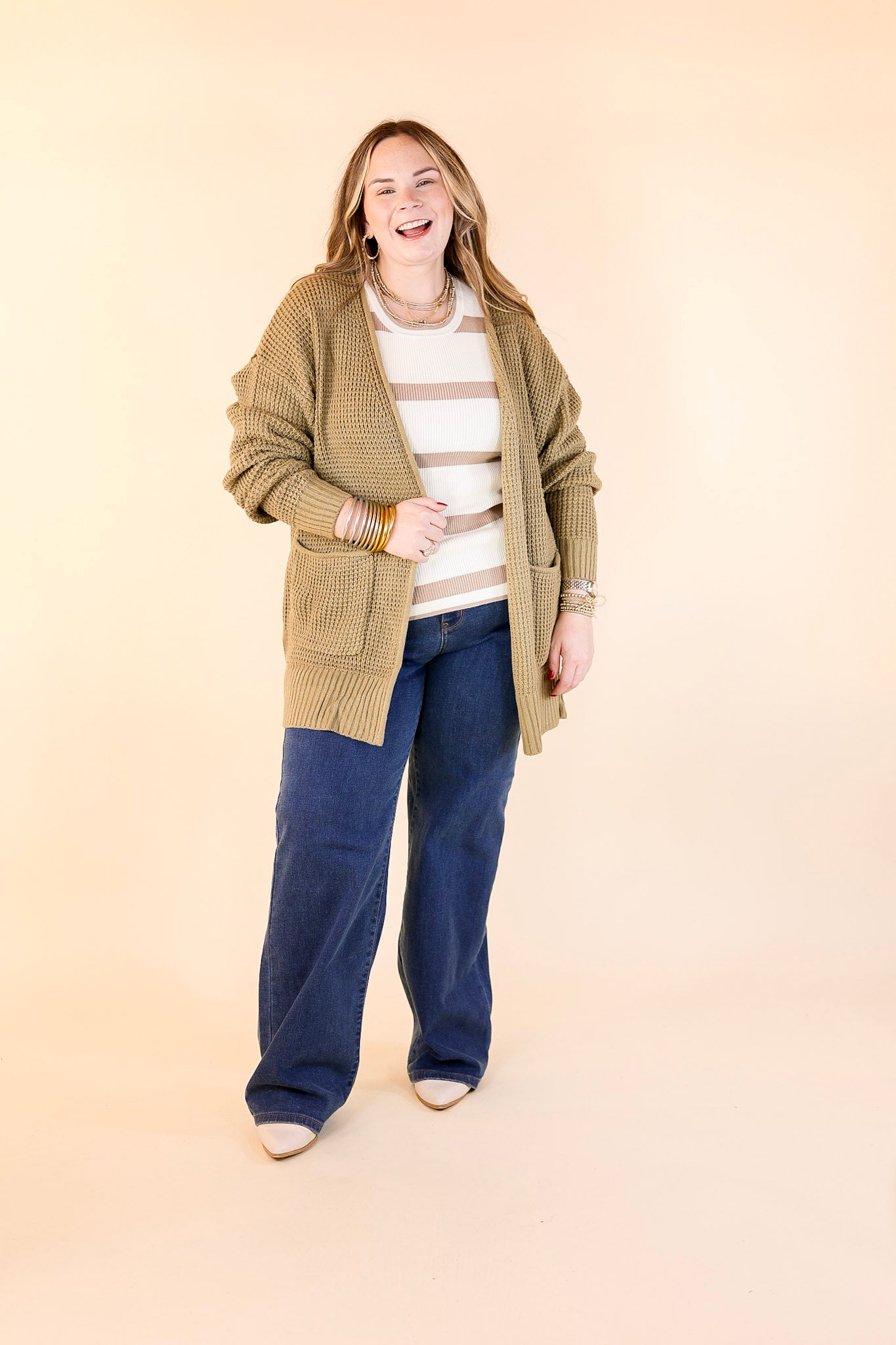 Cozy Layers Waffle Knit Cardigan in Khaki Tan