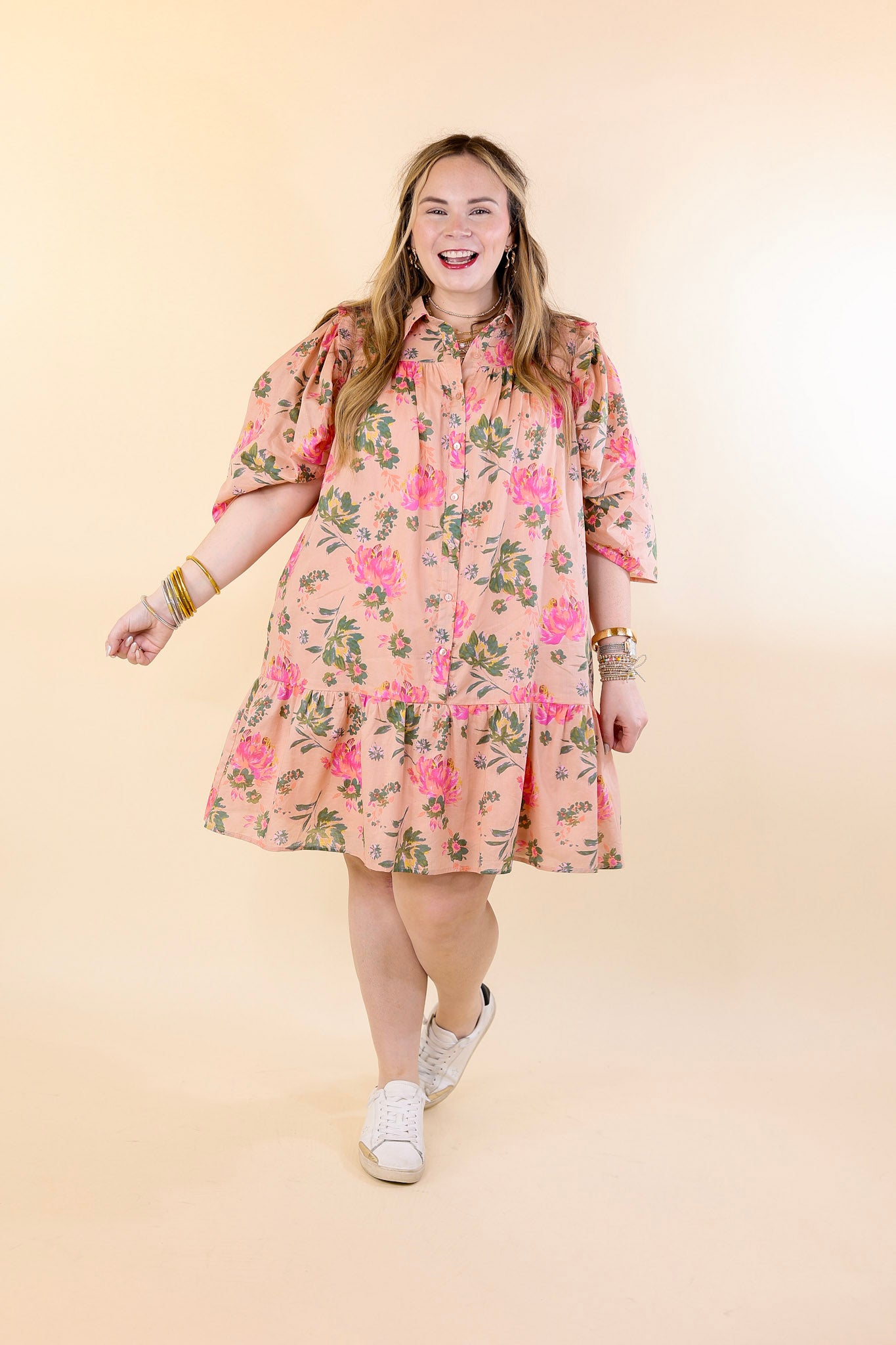 Blooming Chic Button Up Floral Print Dress with Collar in Peach