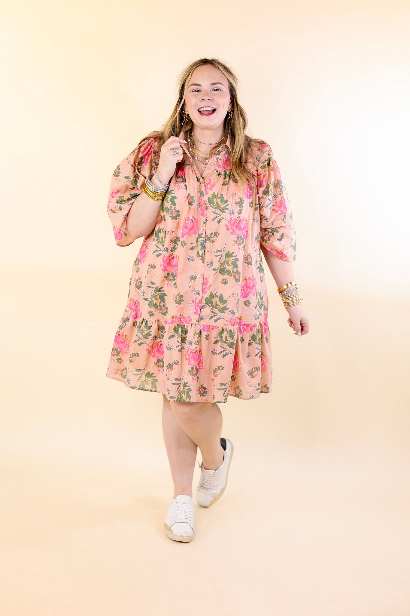 Blooming Chic Button Up Floral Print Dress with Collar in Peach