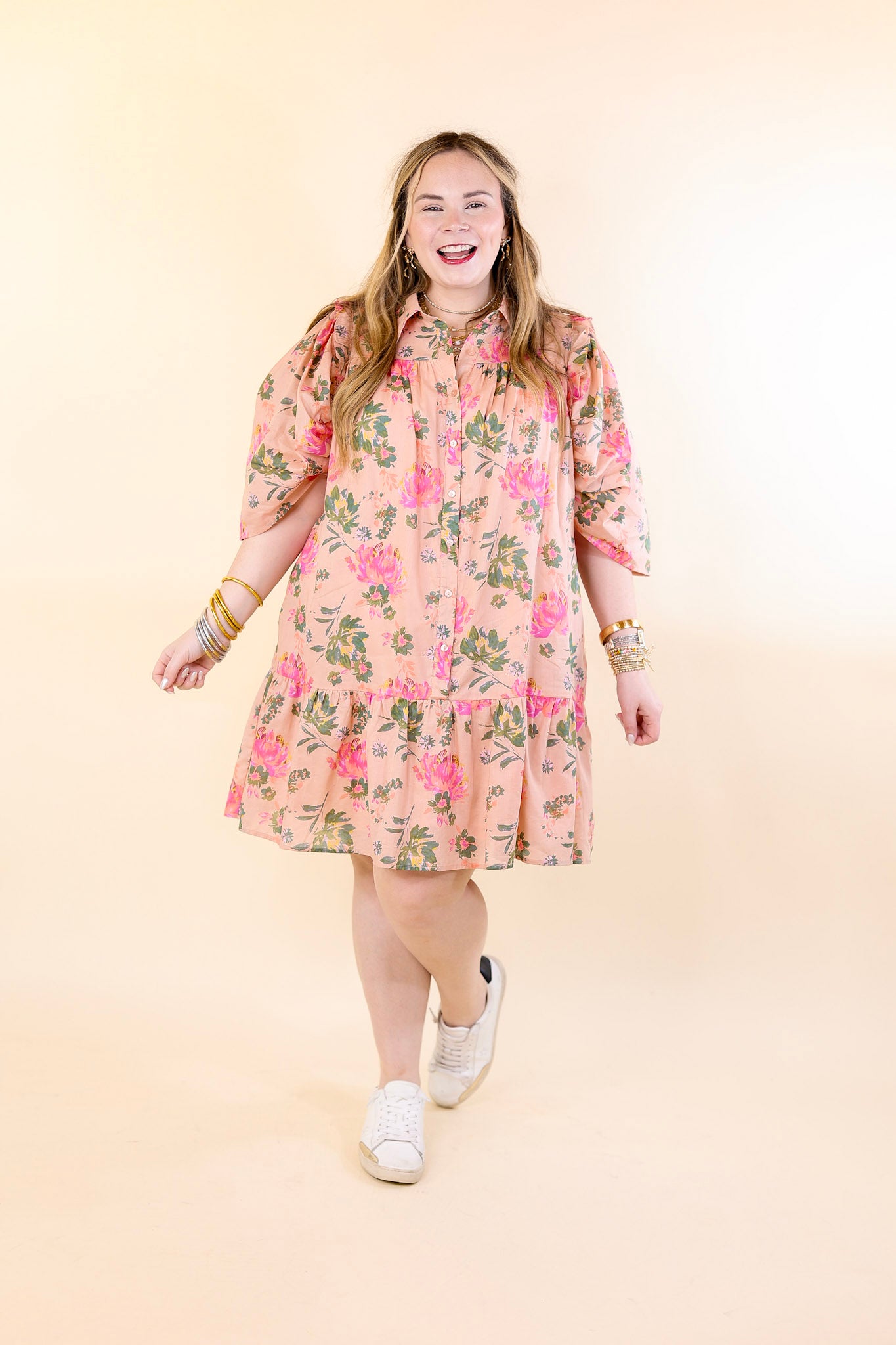 Blooming Chic Button Up Floral Print Dress with Collar in Peach