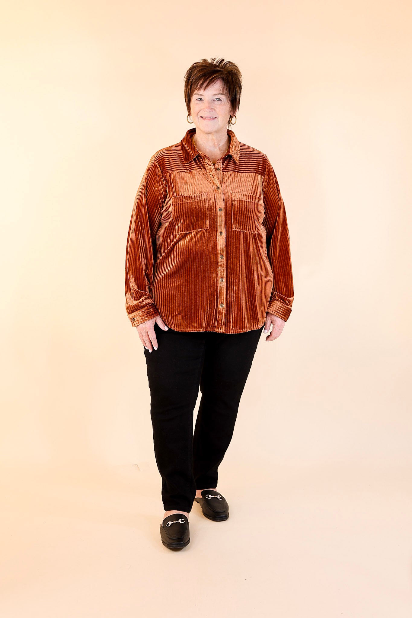 Velvet Feels Striped Velvet Button up Top in Copper Orange