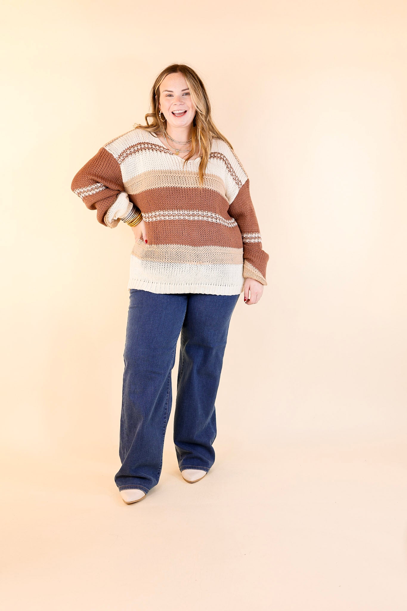 Cozy On Up Long Sleeve Striped Sweater in Brown Mix