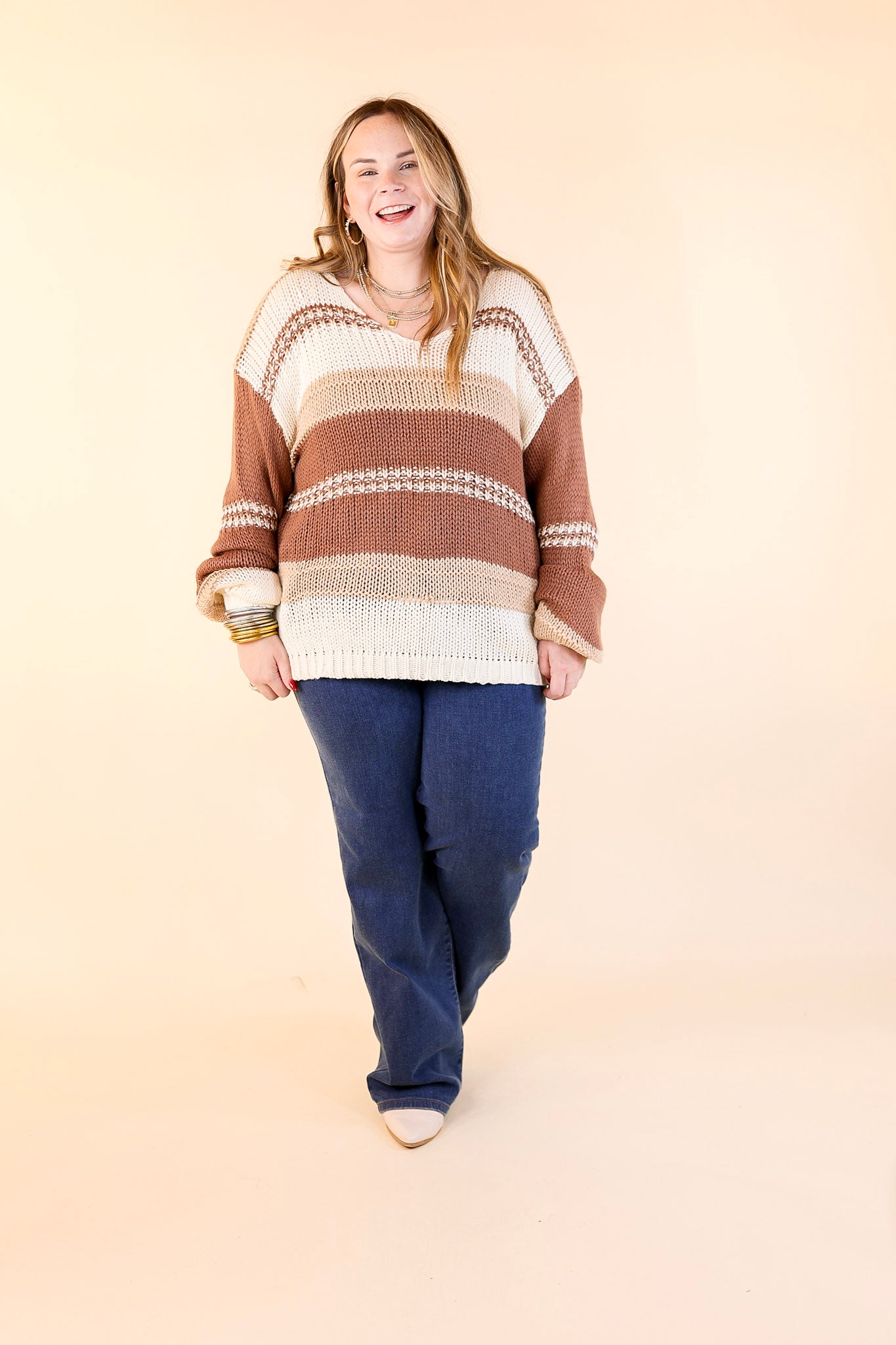 Cozy On Up Long Sleeve Striped Sweater in Brown Mix