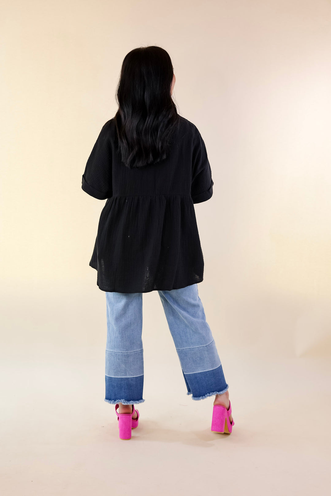 Vacation Vibes Collared Button Up Babydoll Top in Black - Giddy Up Glamour Boutique