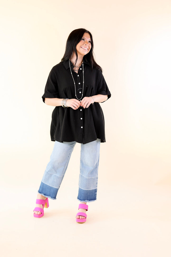 Vacation Vibes Collared Button Up Babydoll Top in Black - Giddy Up Glamour Boutique