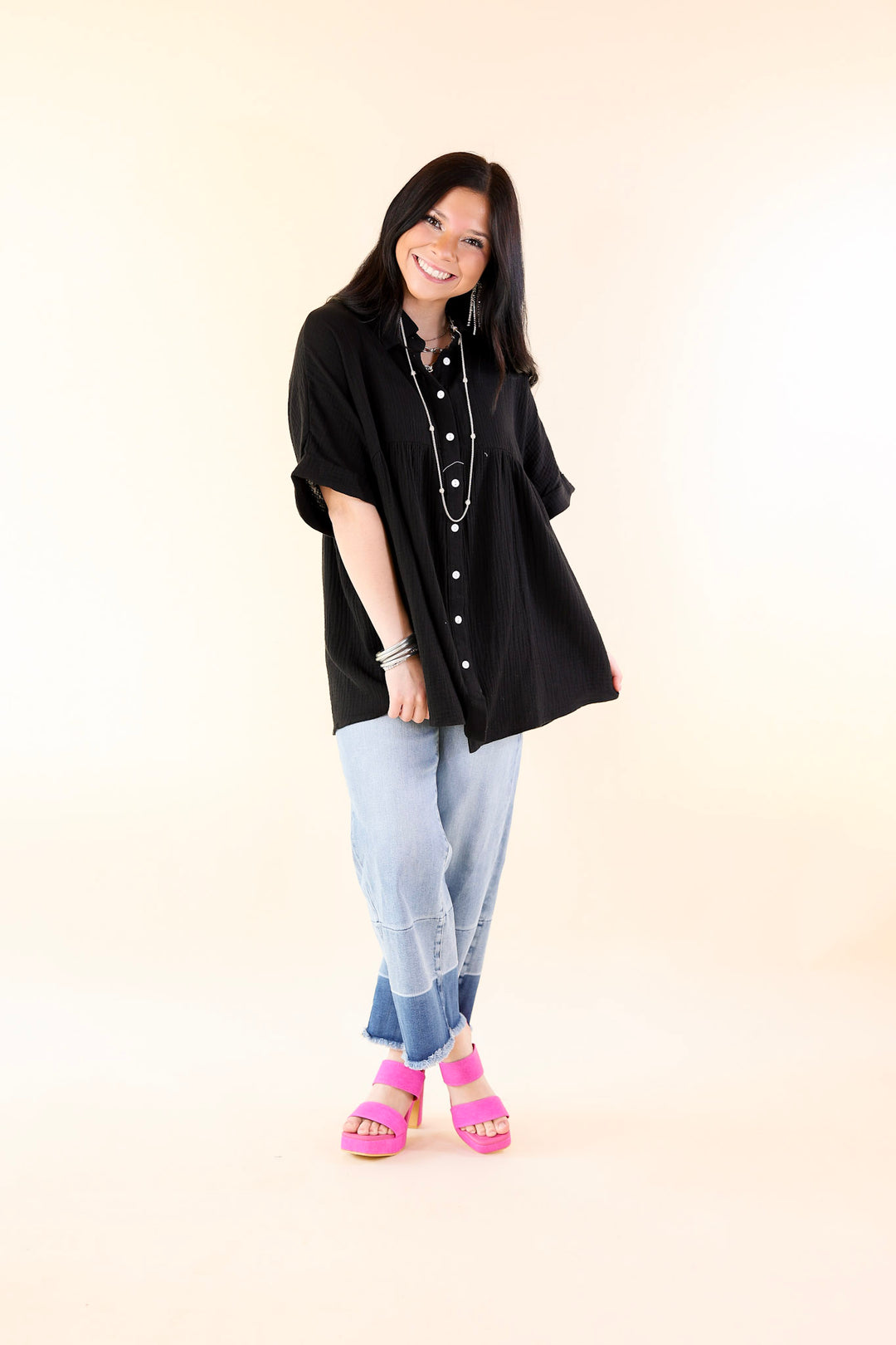 Vacation Vibes Collared Button Up Babydoll Top in Black - Giddy Up Glamour Boutique