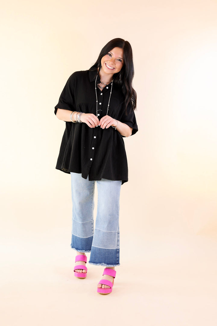 Vacation Vibes Collared Button Up Babydoll Top in Black - Giddy Up Glamour Boutique