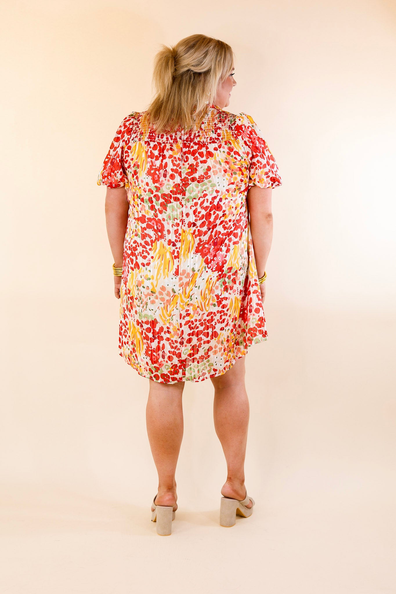 Simply Radiant Mix Floral Print Dress with Short Sleeves in Red and Yellow Mix