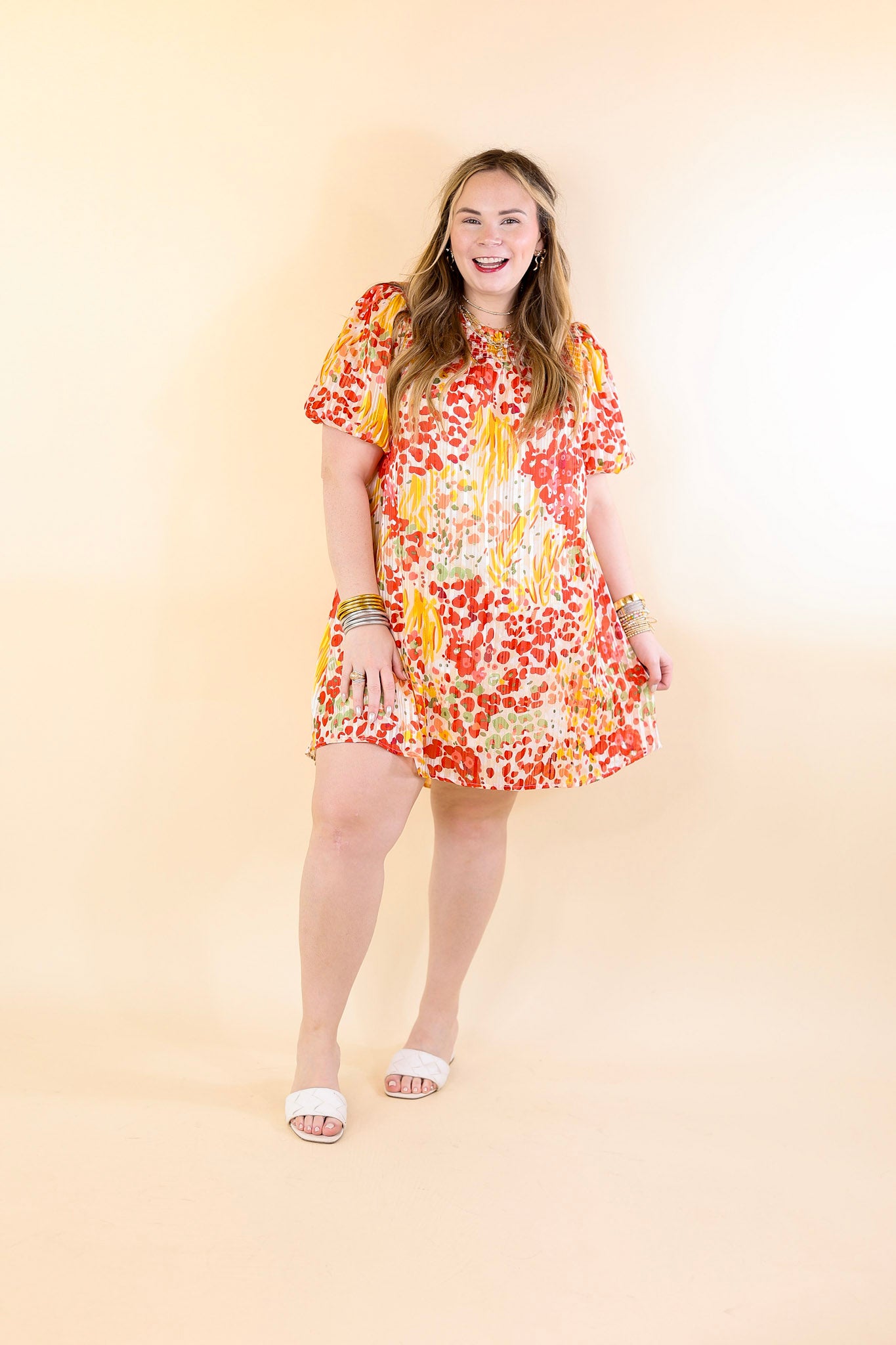 Simply Radiant Mix Floral Print Dress with Short Sleeves in Red and Yellow Mix