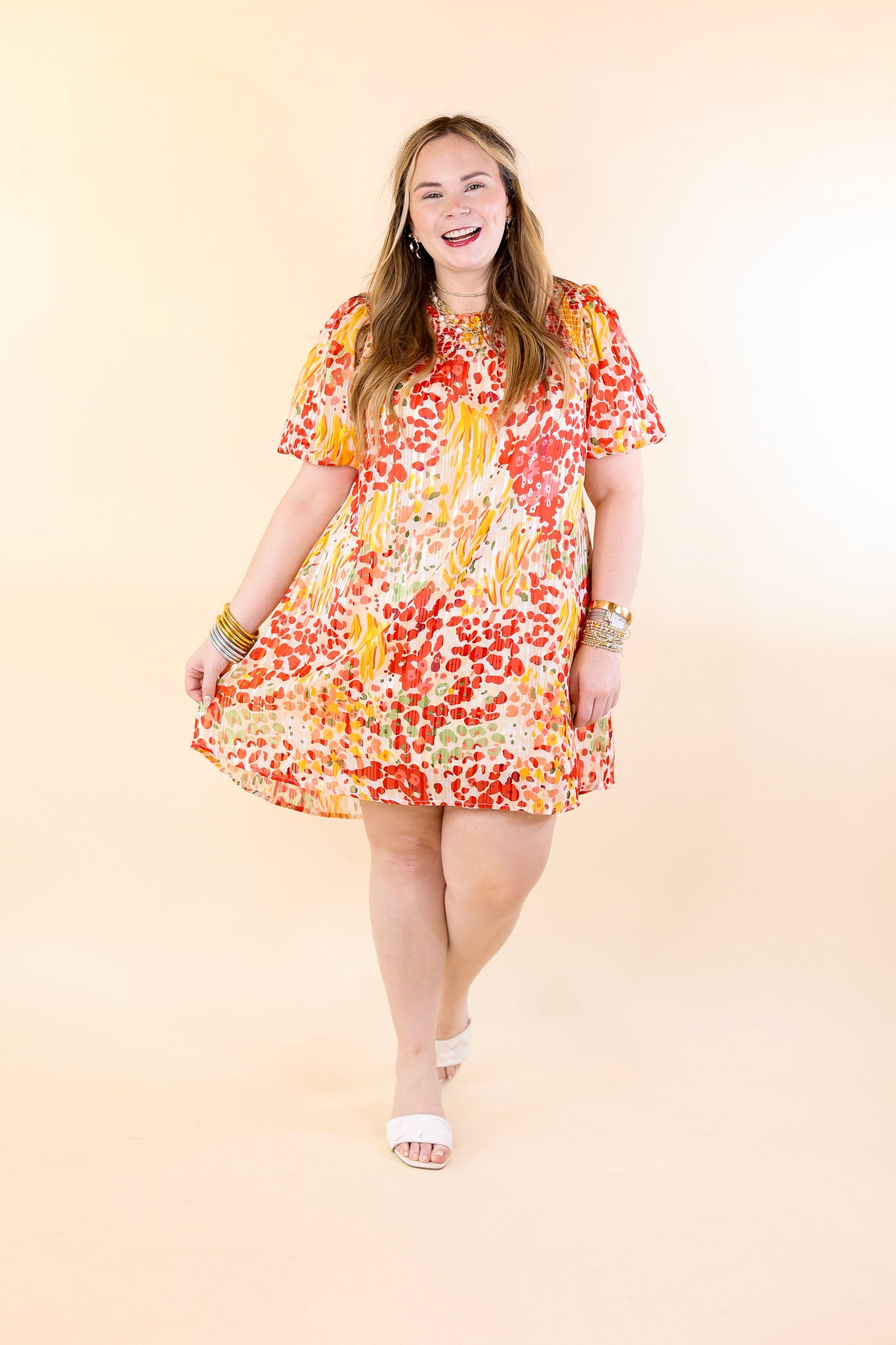 Simply Radiant Mix Floral Print Dress with Short Sleeves in Red and Yellow Mix