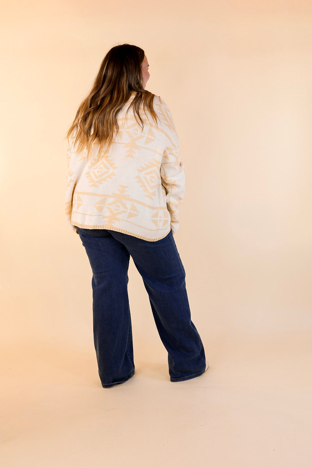 Last Chance Size Large &amp; 1XL | Cheyenne Chill Aztec Print Striped Sweater in Ivory and Beige