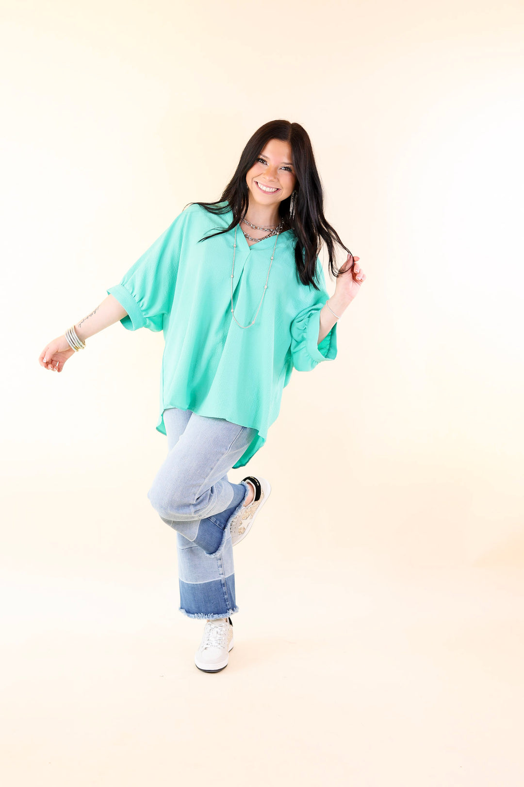 Chic and Charming V Neck Top with 3/4 Sleeves in Emerald Green - Giddy Up Glamour Boutique
