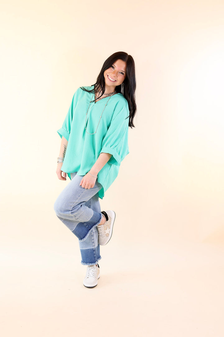 Chic and Charming V Neck Top with 3/4 Sleeves in Emerald Green - Giddy Up Glamour Boutique