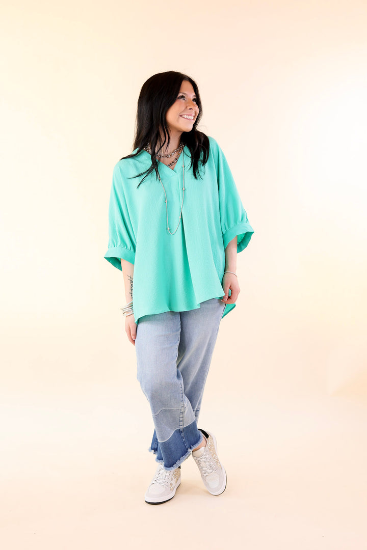 Chic and Charming V Neck Top with 3/4 Sleeves in Emerald Green - Giddy Up Glamour Boutique