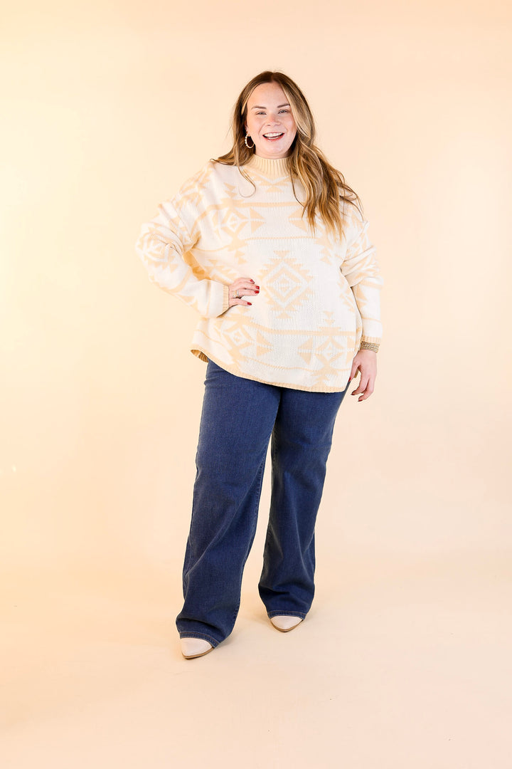 Last Chance Size Large &amp; 1XL | Cheyenne Chill Aztec Print Striped Sweater in Ivory and Beige