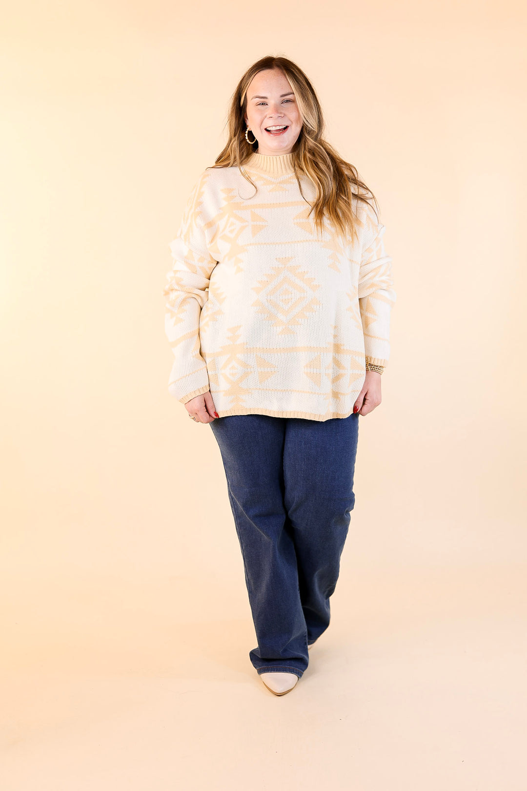 Last Chance Size Large &amp; 1XL | Cheyenne Chill Aztec Print Striped Sweater in Ivory and Beige