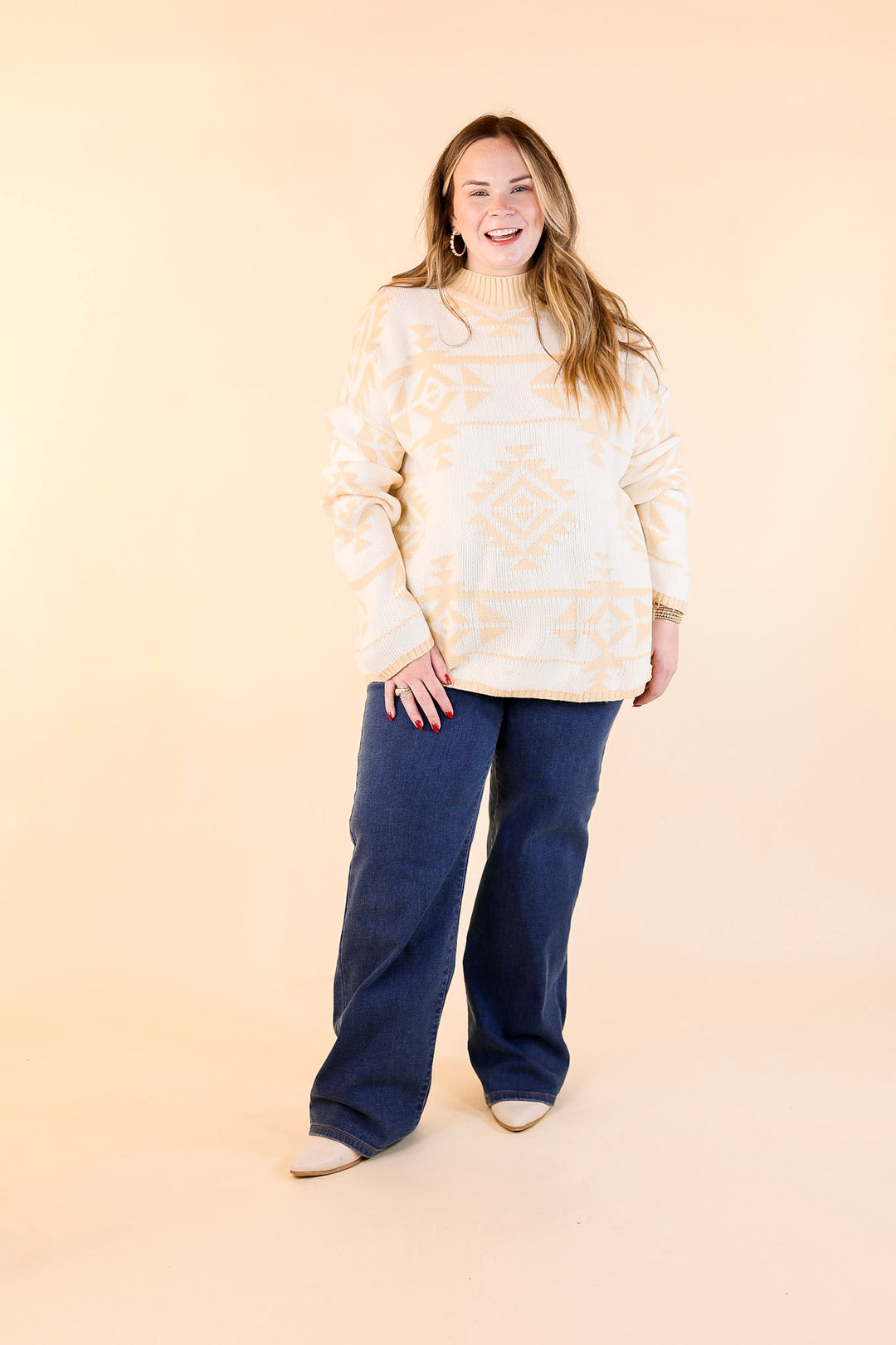 Last Chance Size Large &amp; 1XL | Cheyenne Chill Aztec Print Striped Sweater in Ivory and Beige