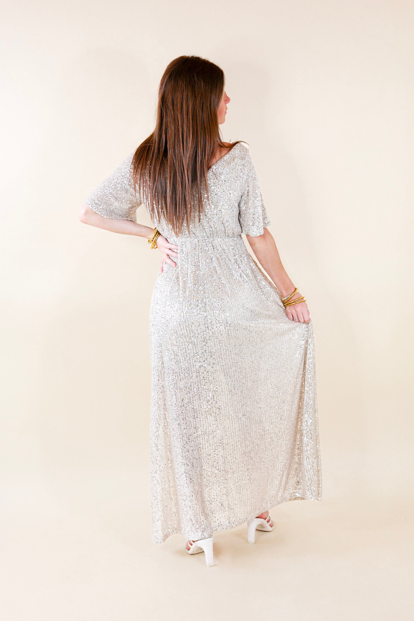 Sparkle In The City Short Sleeve Sequin Maxi Dress in Champagne - Giddy Up Glamour Boutique