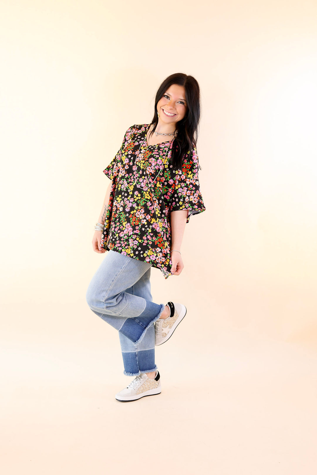 Majestic Moment V Neck Floral Print Poncho Top in Black - Giddy Up Glamour Boutique