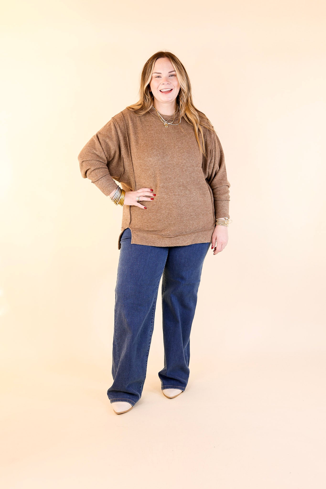 Softly Stated Brushed Melange Hacci Oversized Sweater in Mocha Brown