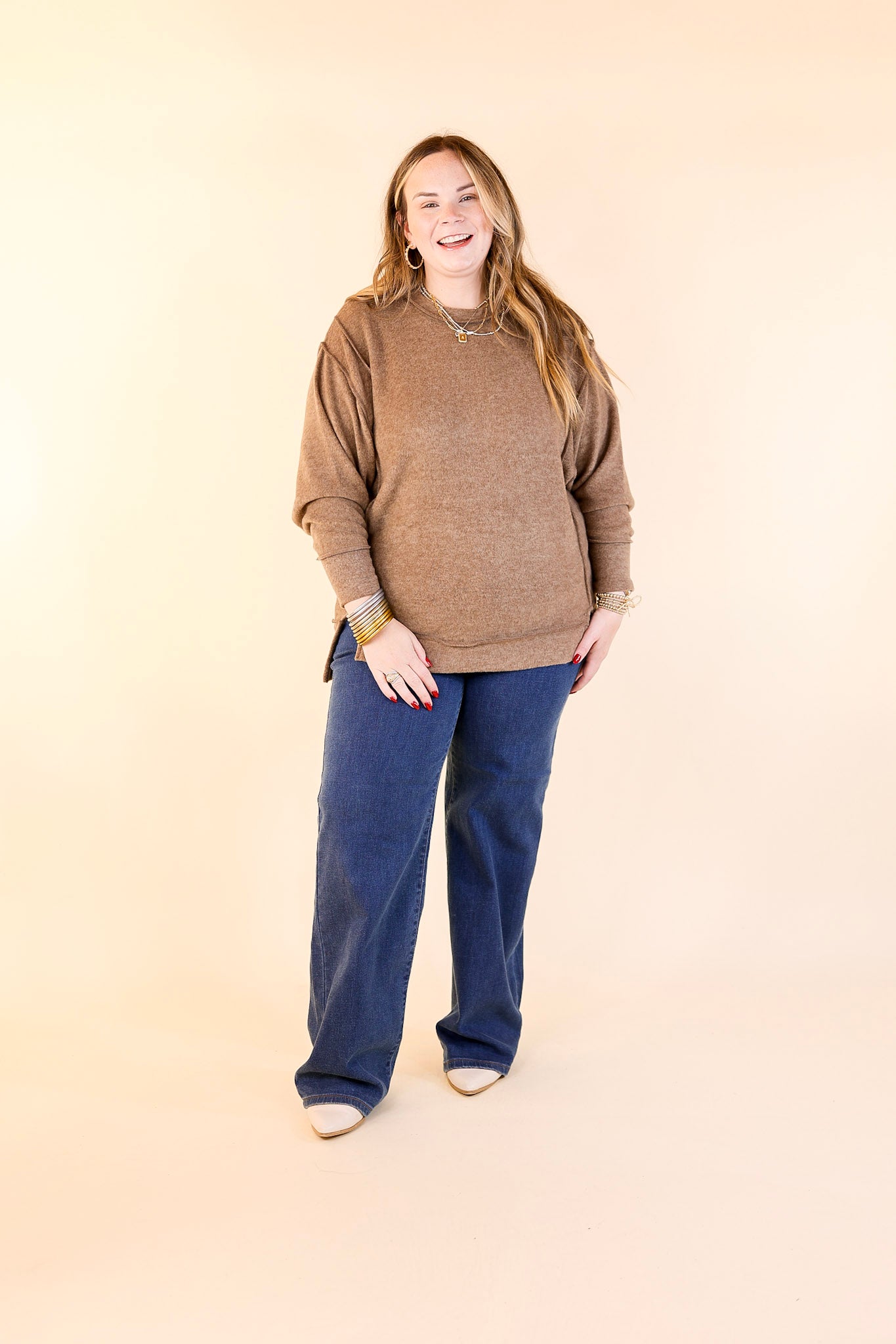 Softly Stated Brushed Melange Hacci Oversized Sweater in Mocha Brown