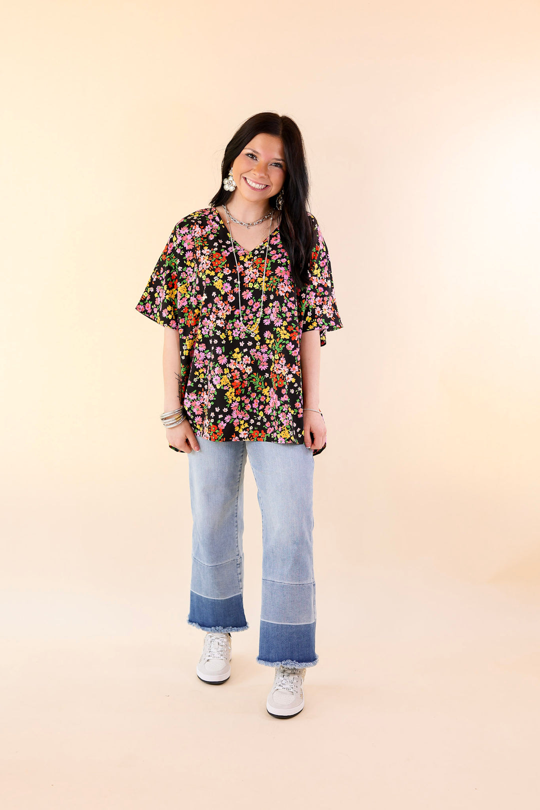 Majestic Moment V Neck Floral Print Poncho Top in Black - Giddy Up Glamour Boutique