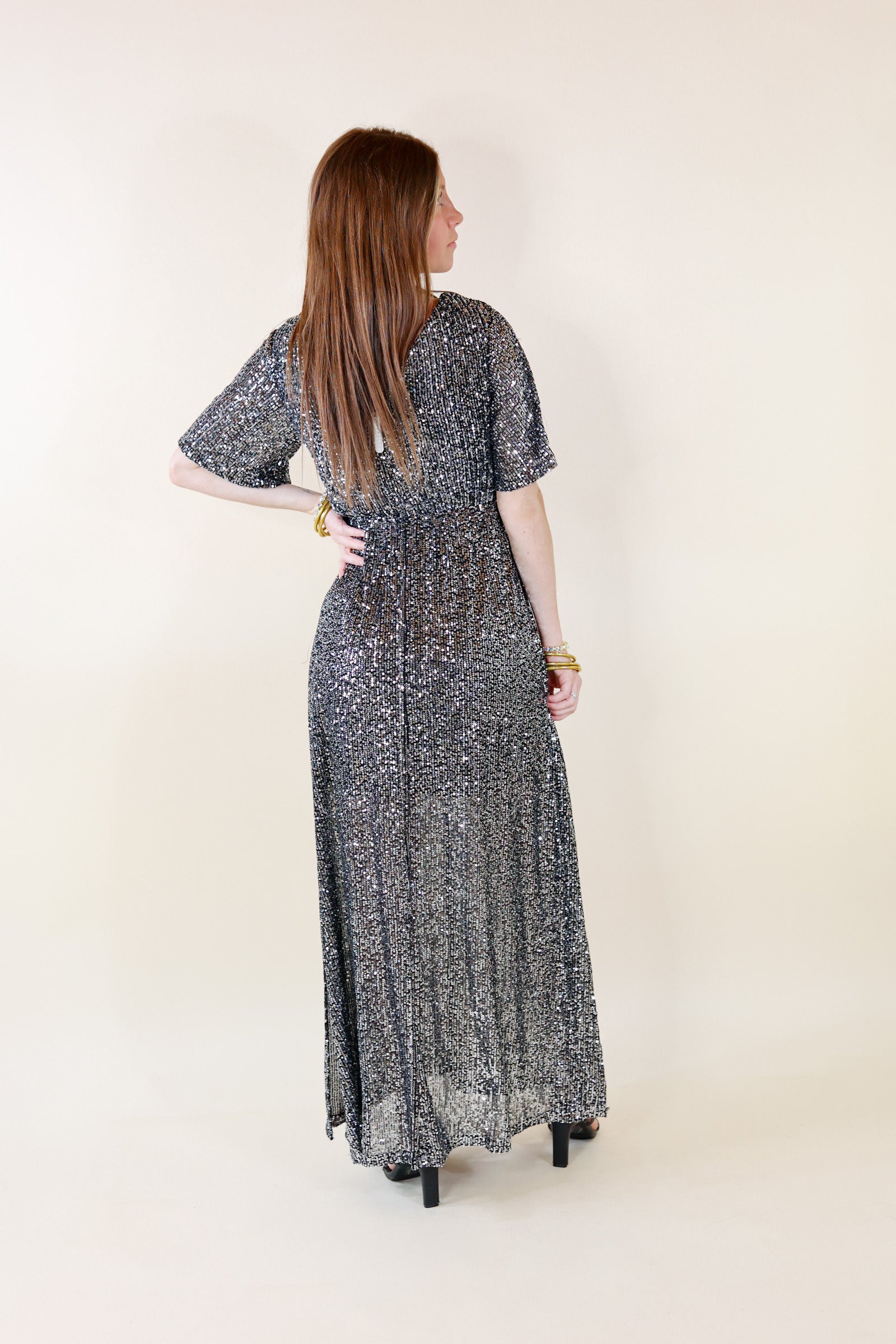 Sparkle In The City Short Sleeve Sequin Maxi Dress in Black - Giddy Up Glamour Boutique