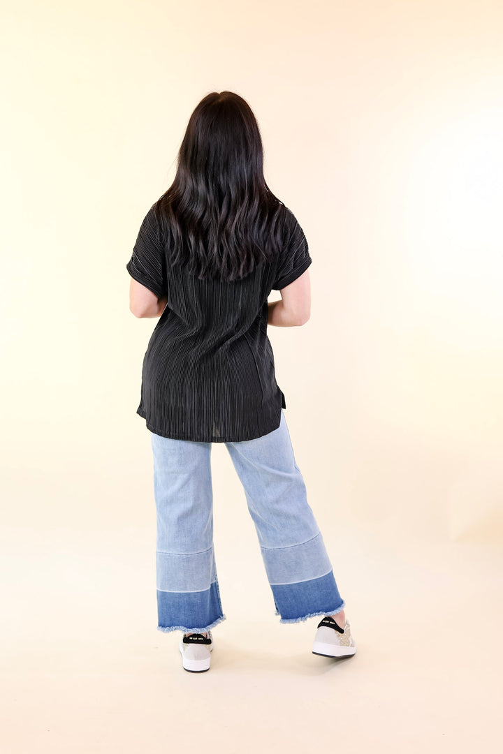 Casual Charm V Neck Plissé Top in Black - Giddy Up Glamour Boutique