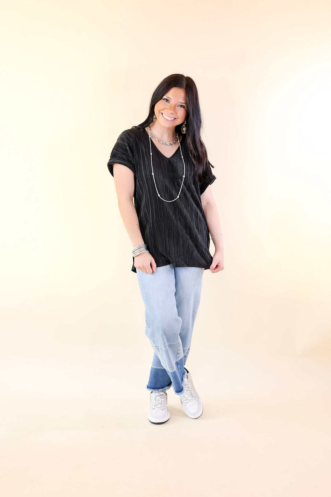Casual Charm V Neck Plissé Top in Black - Giddy Up Glamour Boutique