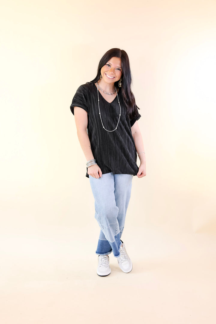 Casual Charm V Neck Plissé Top in Black - Giddy Up Glamour Boutique