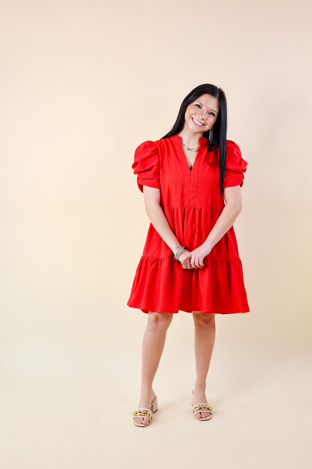 Call Me Chic Balloon Sleeve Short Dress in Red - Giddy Up Glamour Boutique