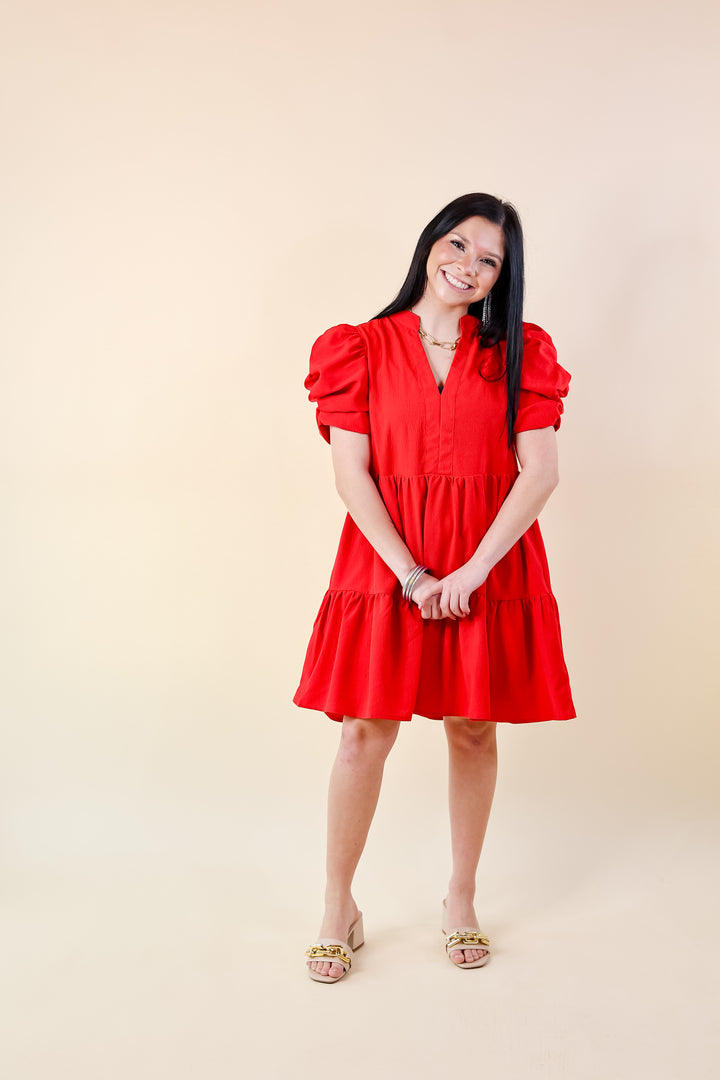 Call Me Chic Balloon Sleeve Short Dress in Red - Giddy Up Glamour Boutique