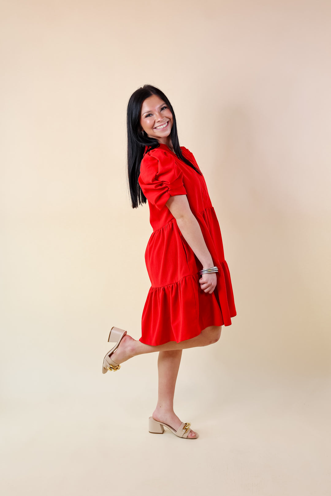 Call Me Chic Balloon Sleeve Short Dress in Red - Giddy Up Glamour Boutique