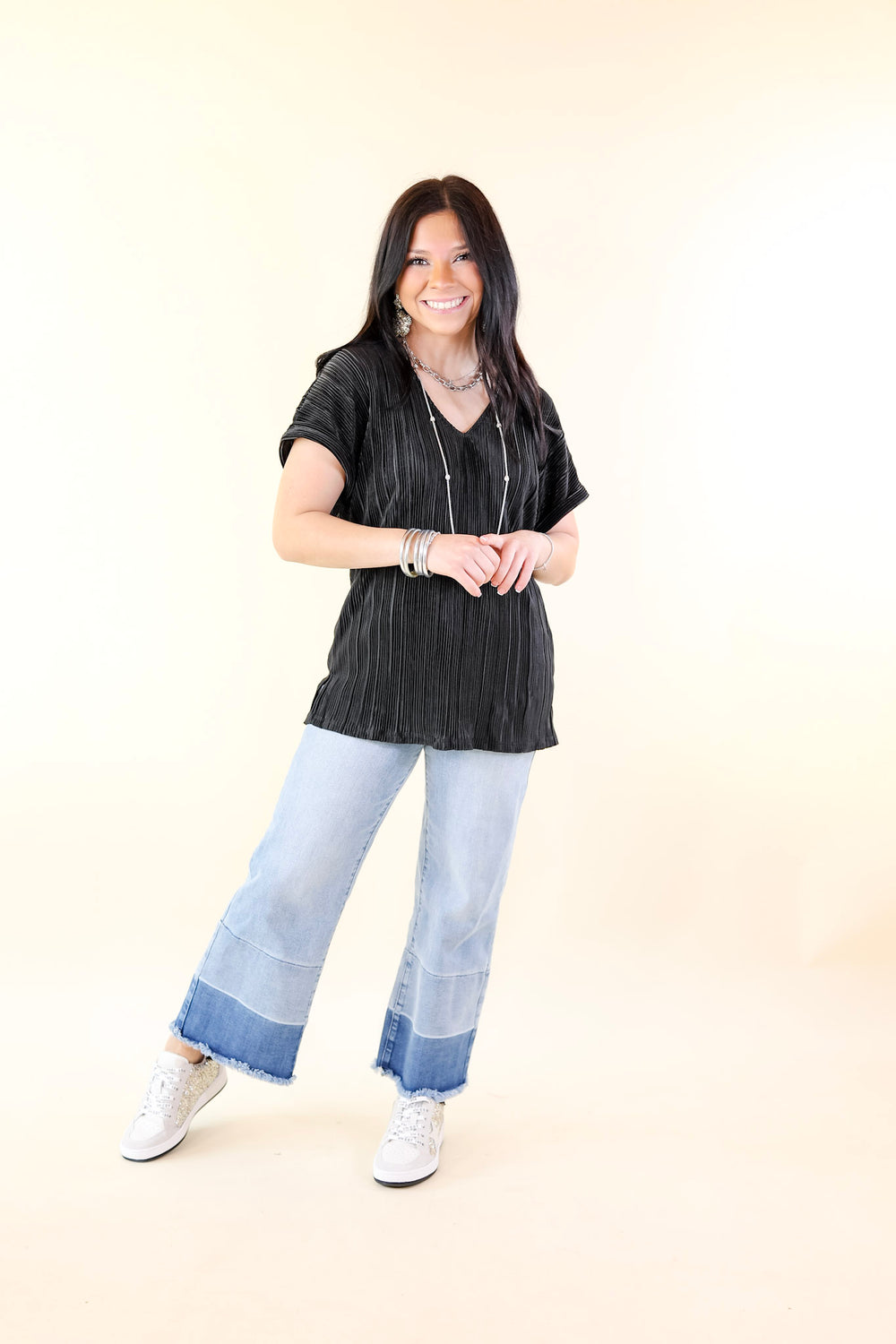 Casual Charm V Neck Plissé Top in Black - Giddy Up Glamour Boutique