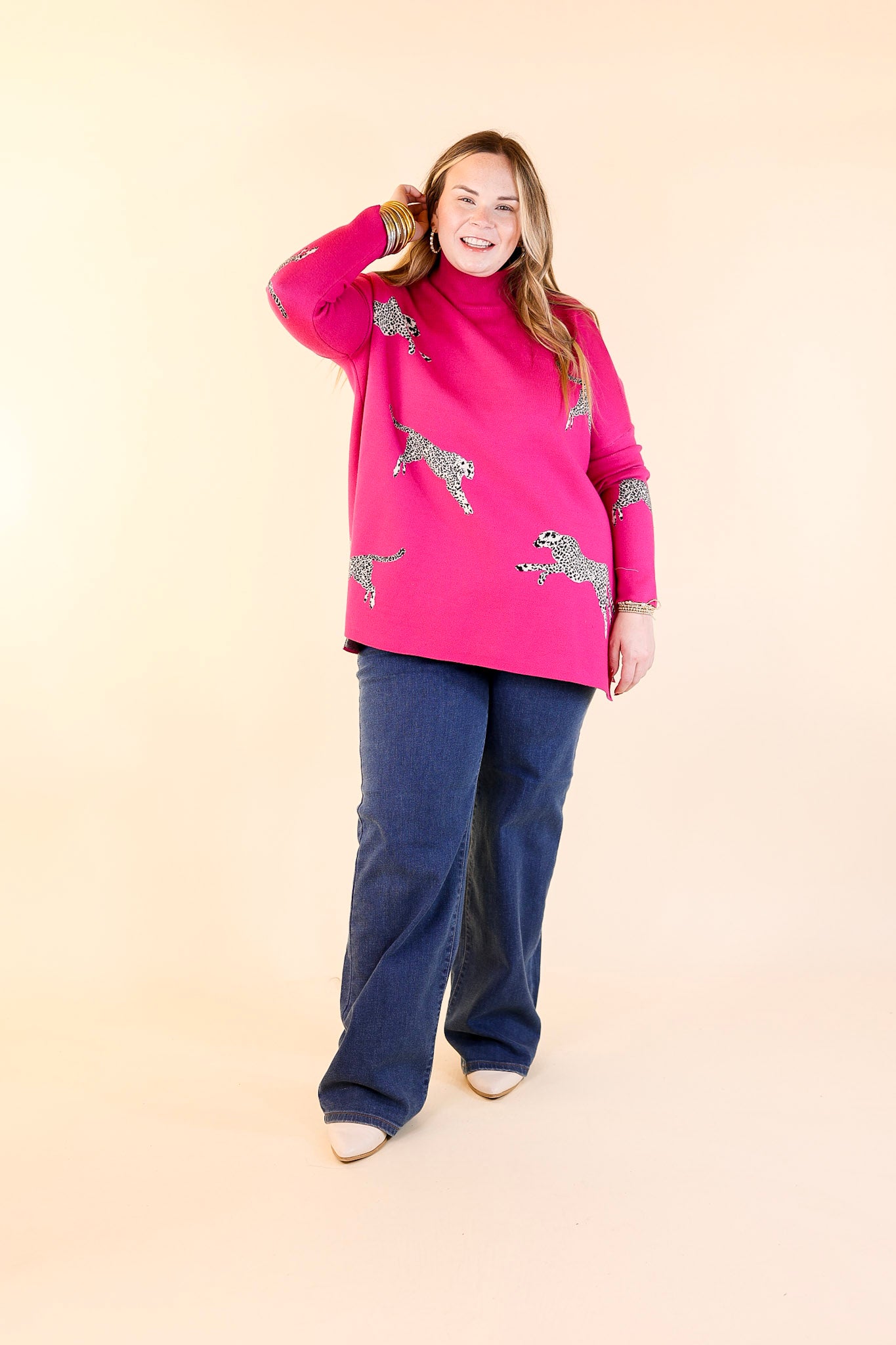 Cheetah Girls Mock Neck Cheetah Print Sweater in Hot Pink