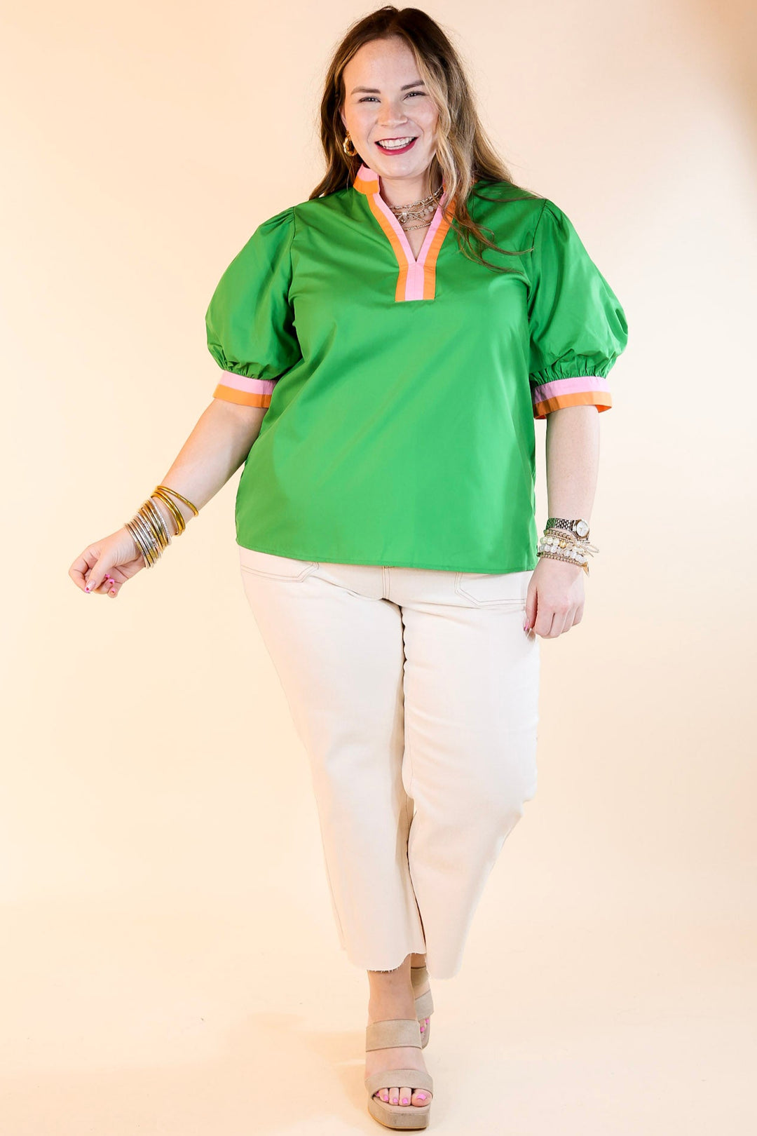 Standout Style V Neck Top with Short Balloon Sleeves in Green