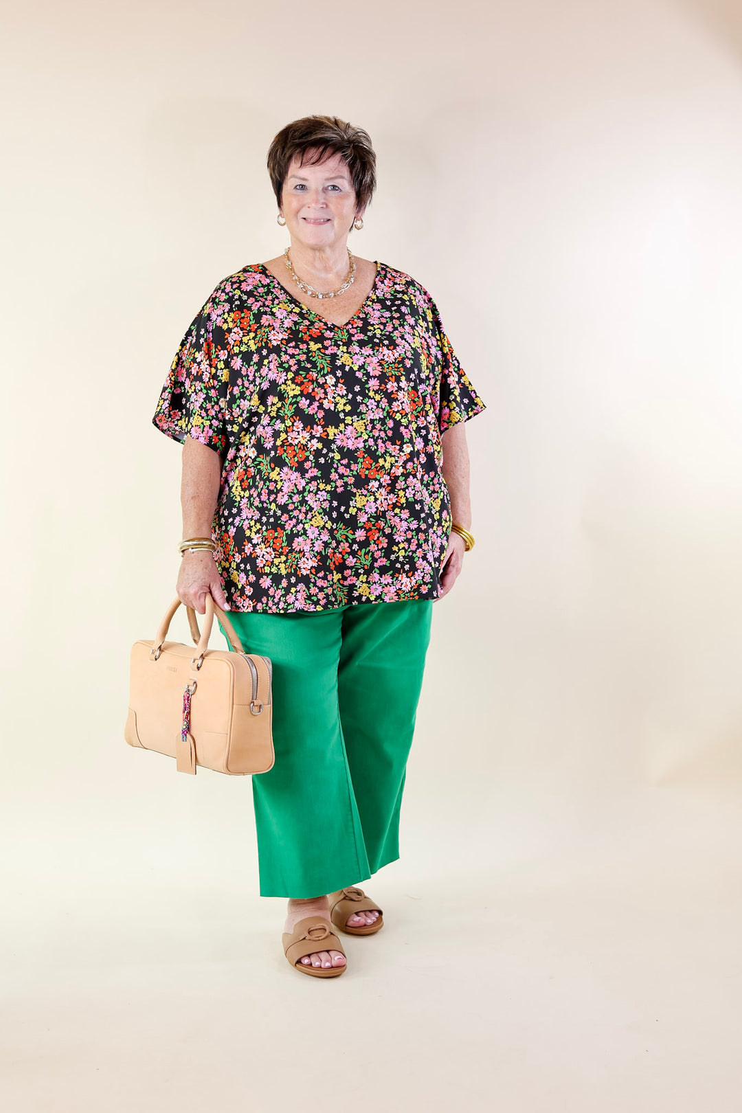 Majestic Moment V Neck Floral Print Poncho Top in Black - Giddy Up Glamour Boutique