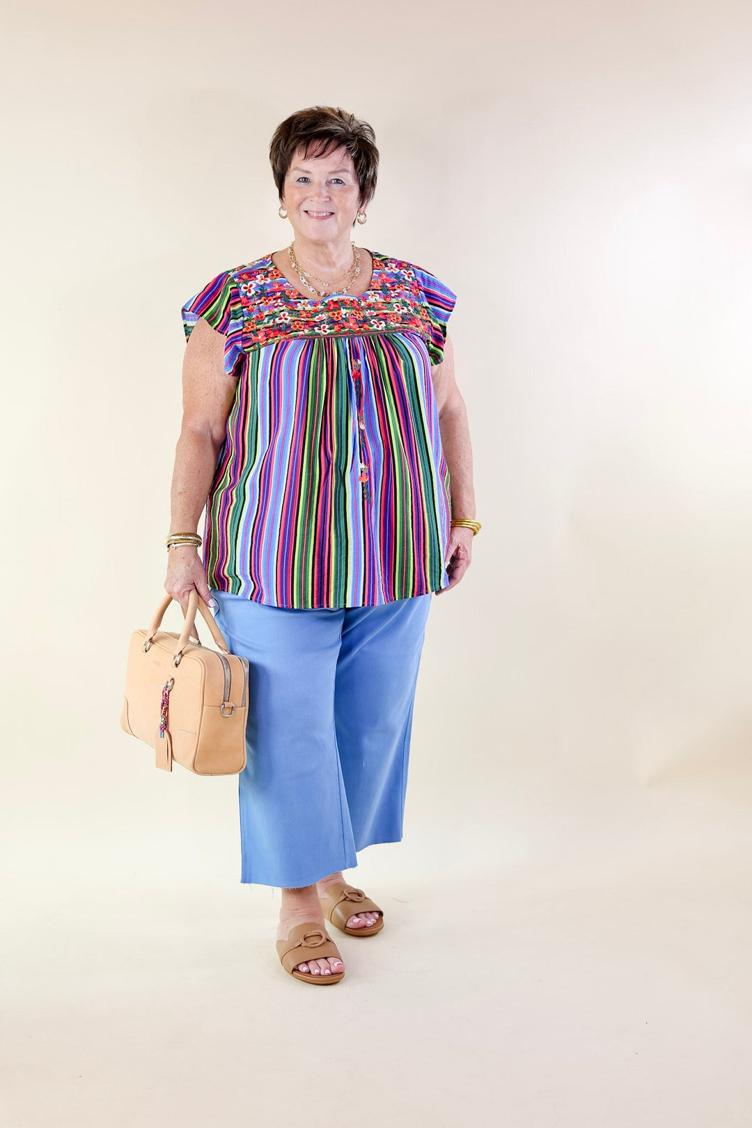 Lajitas Lady Striped Babydoll Top with Floral Embroidery in Green Mix - Giddy Up Glamour Boutique