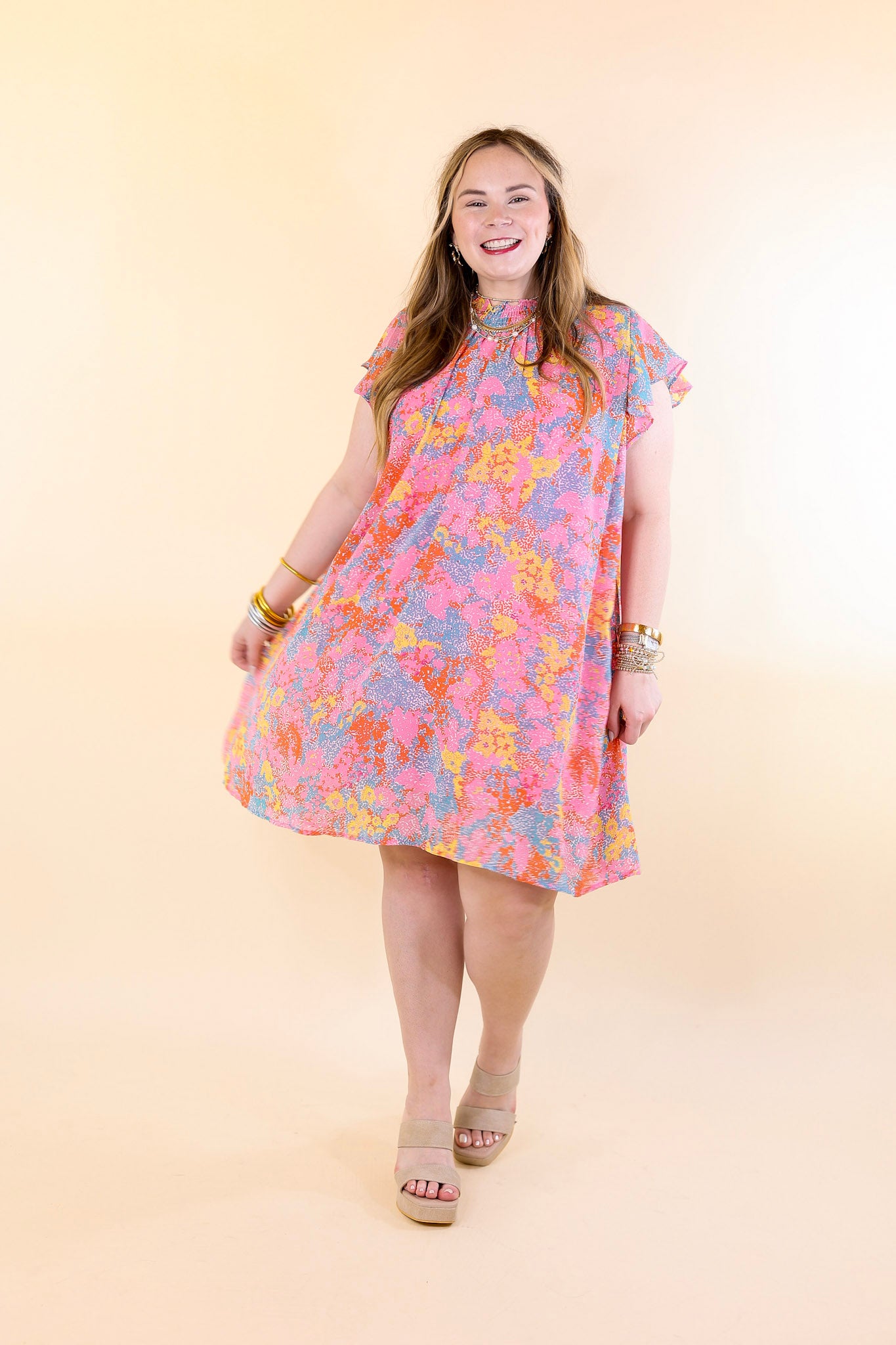 Out On The Town Ruffle Sleeve Floral Dress in Light Pink